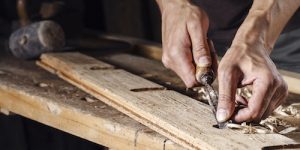 Closeup of a carpenter hands working with a chisel and carving tools on wooden workbench